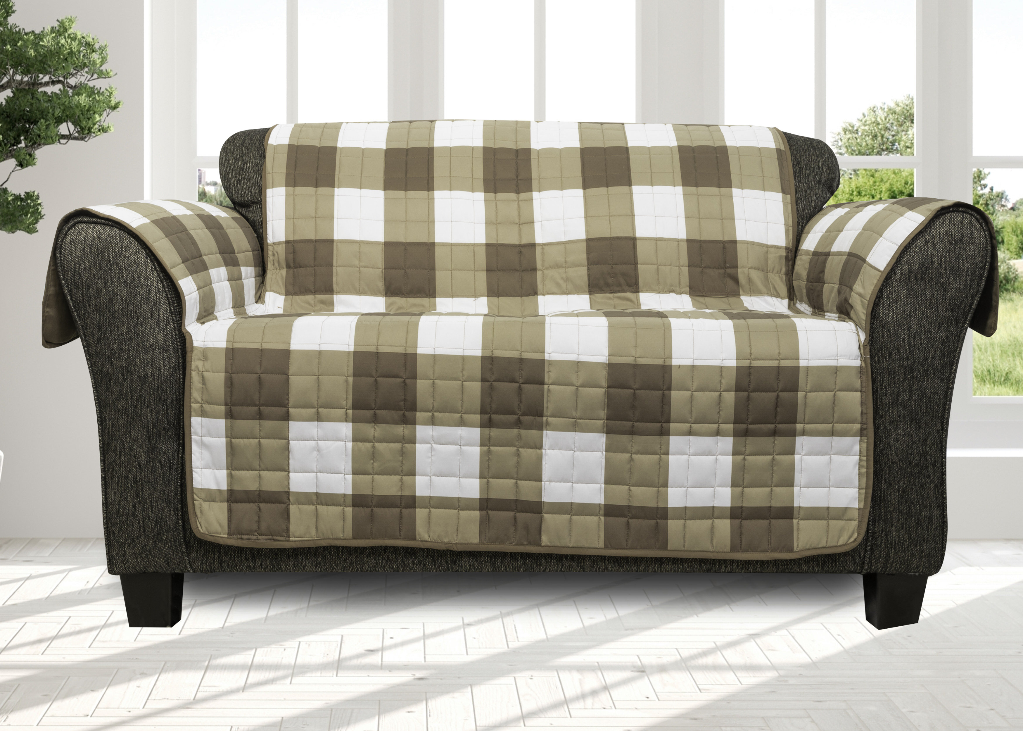 August Grove Printed Plaid Box Cushion Loveseat Slipcover Wayfair