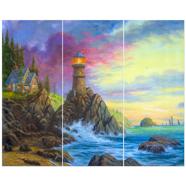 East Urban Home Light House In Sea Oil Painting Print Multi