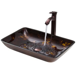 Fusion Glass Rectangular Vessel Bathroom Sink with Faucet