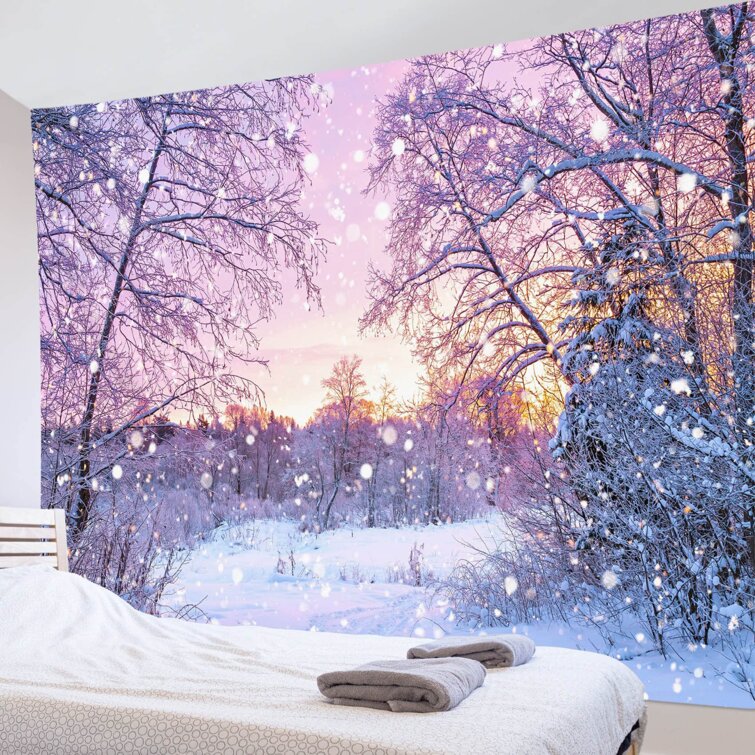 jingjiji Winter Scenery Tapestry Snow Mountain Cedar Sunset Landscape Wall Hanging Home Decor Bedroom Living Room Dormitory Decorative 59 x 59 Inch Colorful 