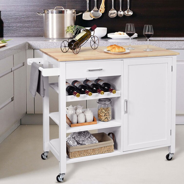 Solid Wood Portable Kitchen Island Cart Storage Trolley Serving Unit On Wheels