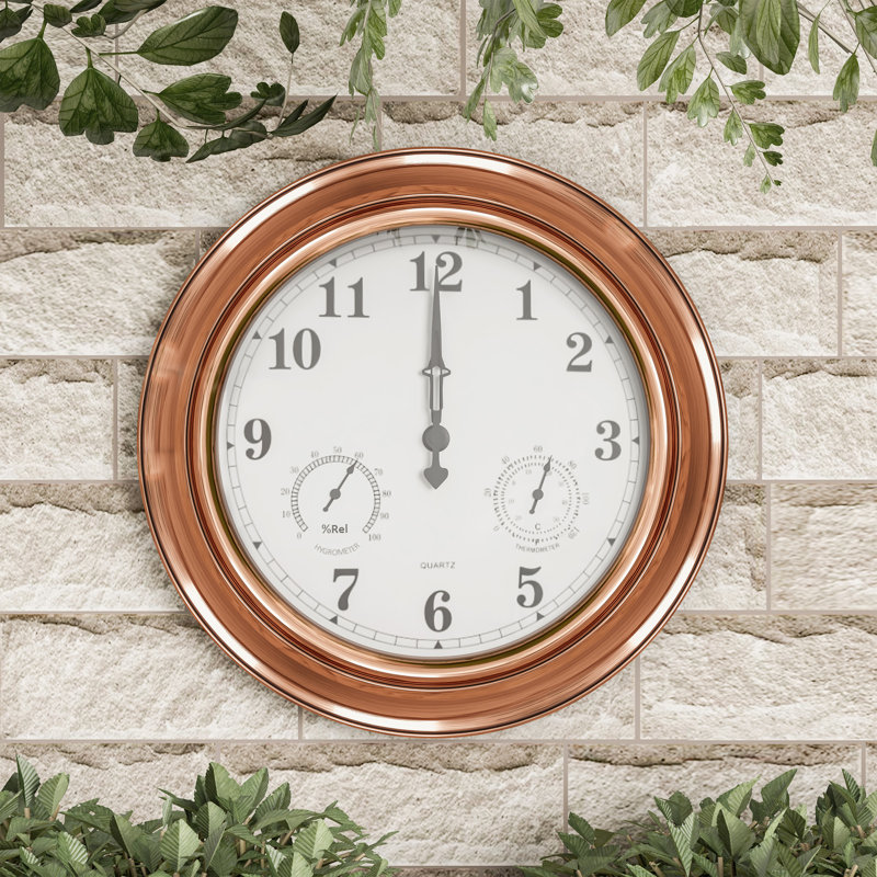 Pure Garden Patio Wall Clock Thermometer Indoor Outdoor Decorative 18 Quartz Battery Powered Waterproof Temperature Hygrometer By Pure Garden Silver Wayfair