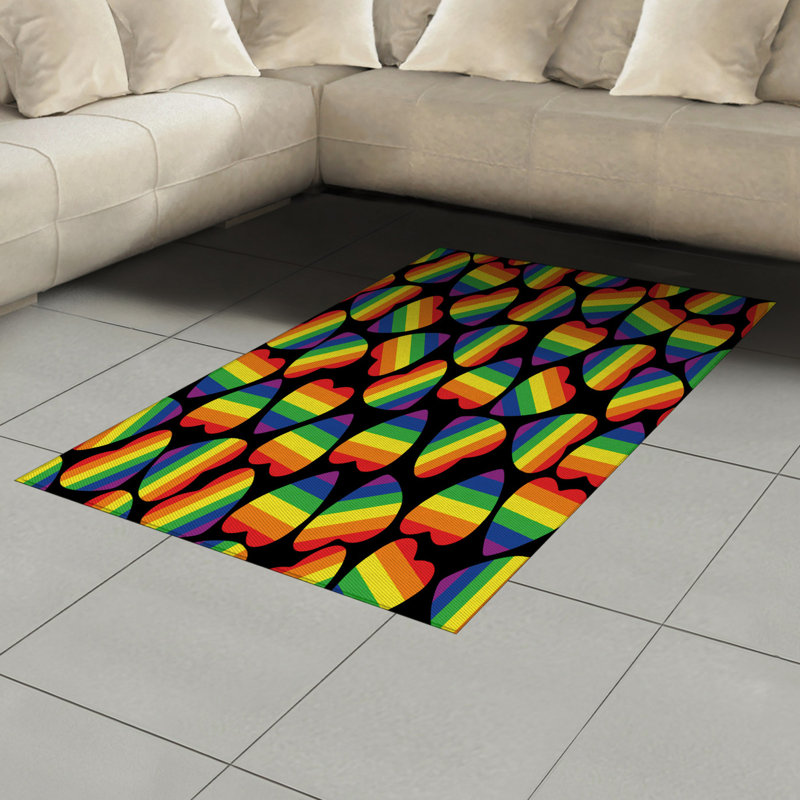 East Urban Home Ambesonne Pride Area Rug Rainbow Coloured Striped Heart Shapes On Black Backdrop Gay Lesbian Love Parade Print Flat Woven Accent Rug For Living Room Bedroom Dining Room 2 6 X