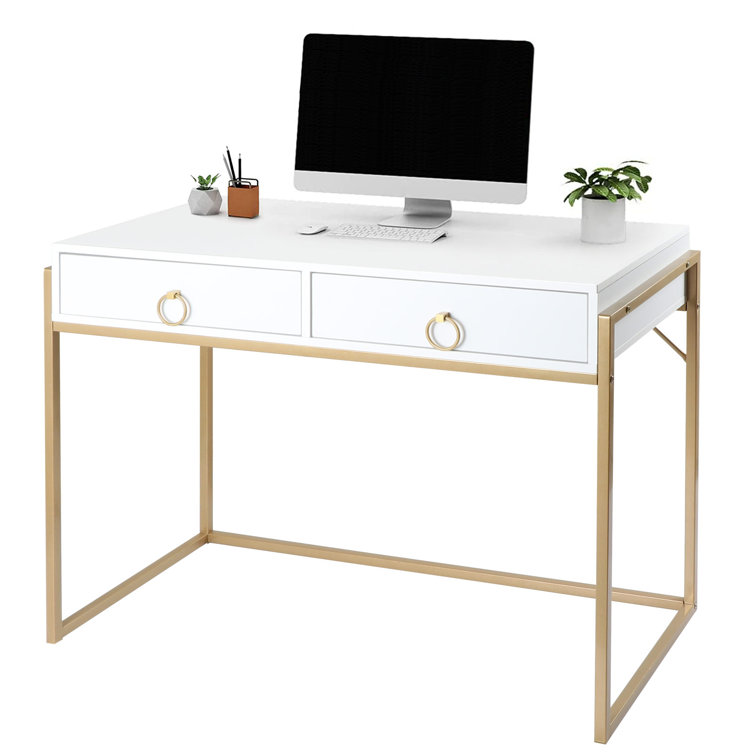 Everly Quinn White/gold Home Office Writing Desk With 2 Drawers, Modern