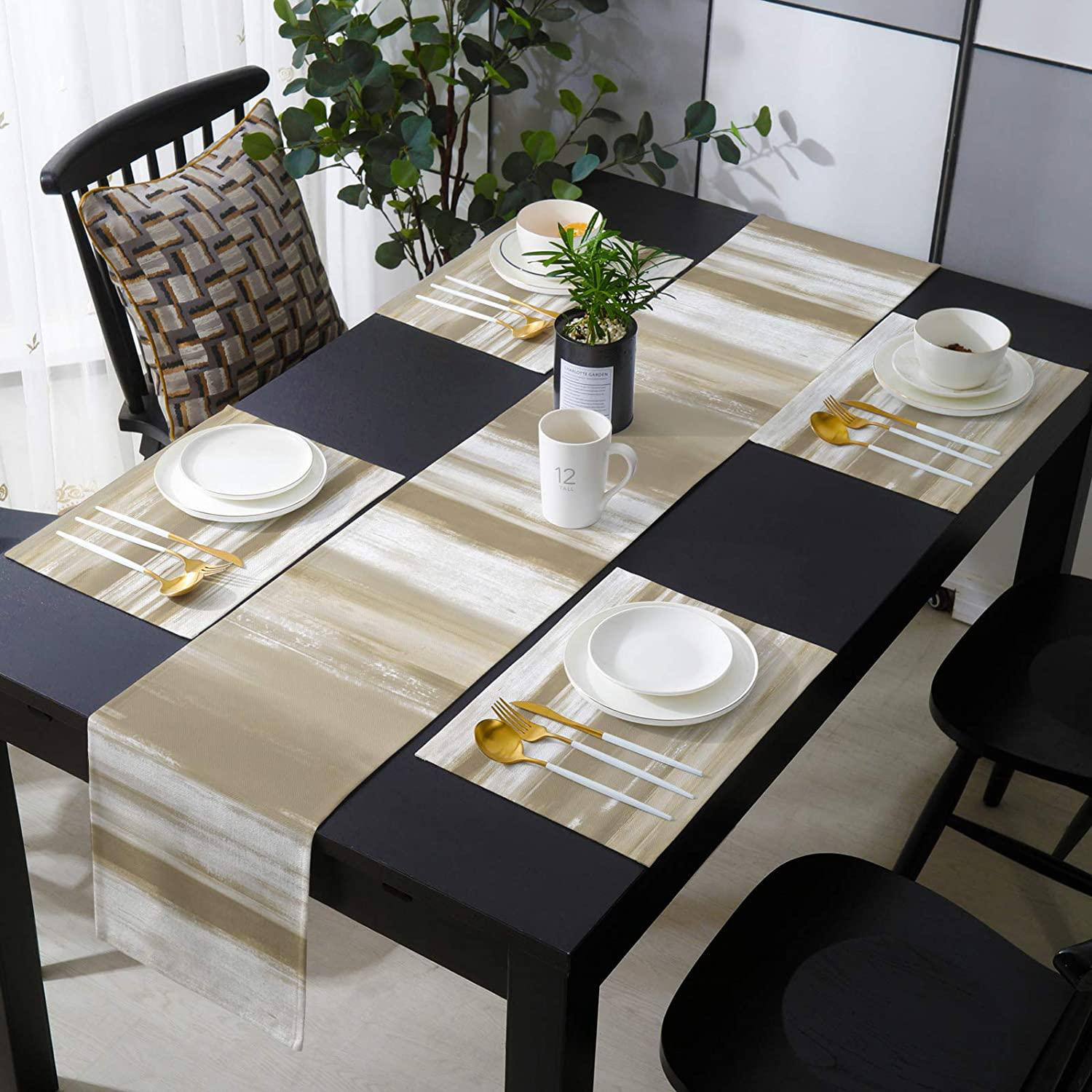 Orren Ellis Farmhouse Placemats With Burlap Table Runner 70 Inches Long Abstract Khaki Browntexture Heat Resistant Table Mats Set Of 6 For Kitchen Dining Table Wedding Party Holiday Dinner In Gray Wayfair