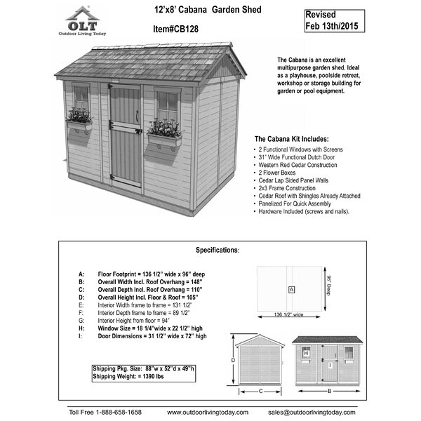 12 ft. W x 8 ft. D Cabana Cedar Wood Garden Shed