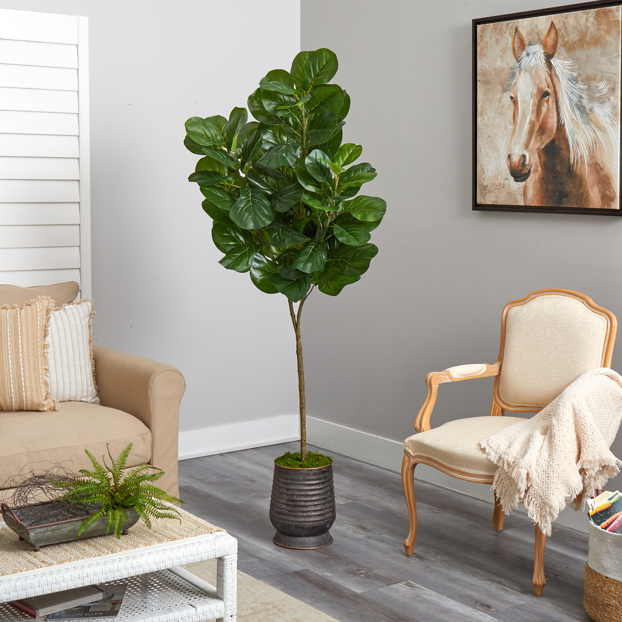 Primrue 74'' Faux Fiddle Leaf Fig Tree in Metal Decorative Vase | Wayfair