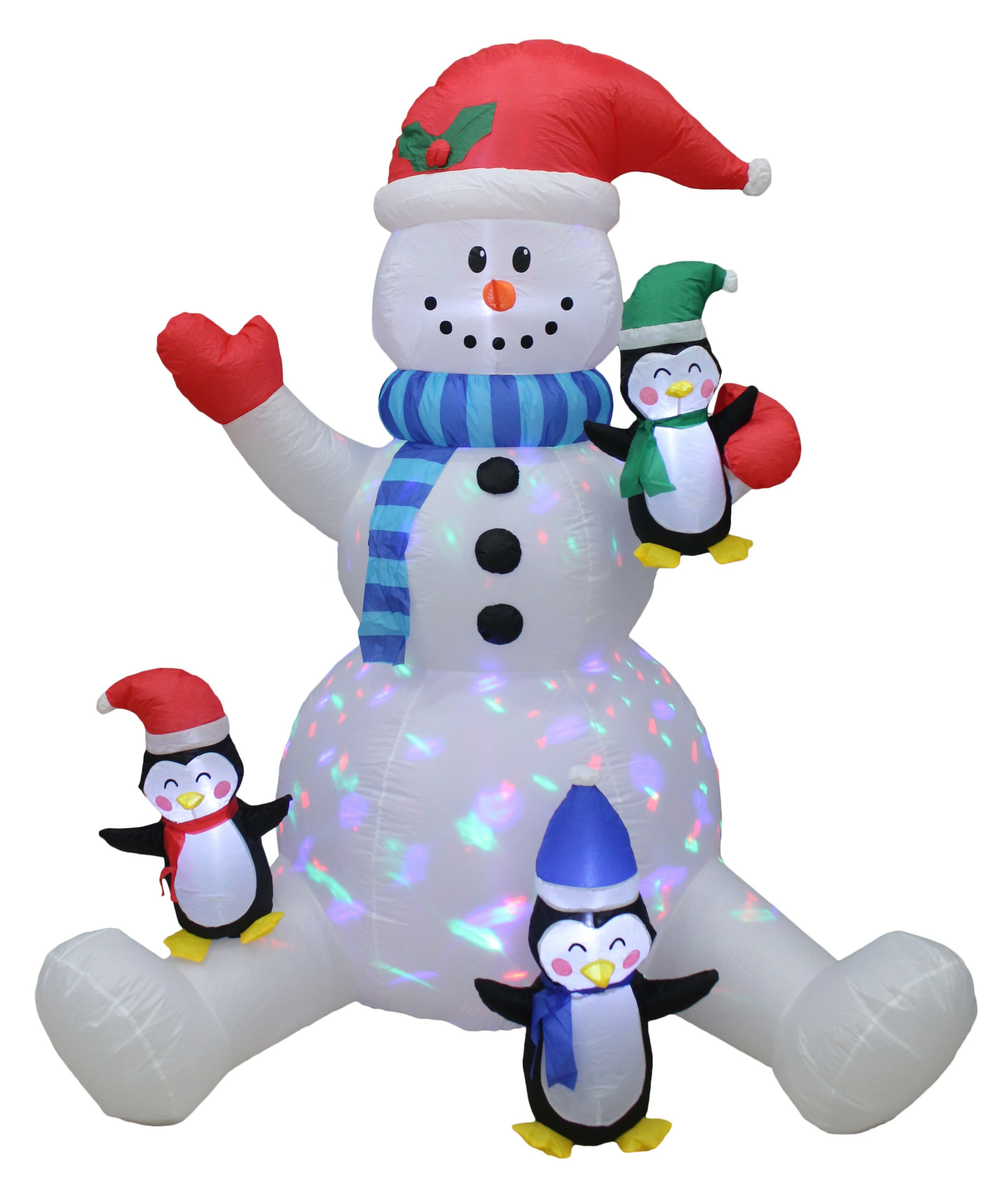 The Holiday Aisle Tall Swirling Lights Christmas Snowman With Three Cute Penguins Blowup Party Inflatable Wayfair