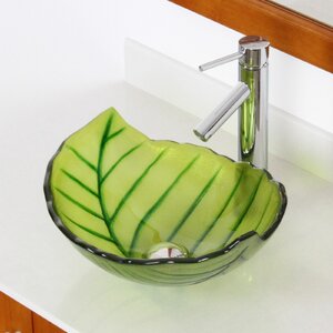 Hot Melted and Hand Painted Spring Leaf Transparent Bowl Glass Specialty Vessel Bathroom Sink