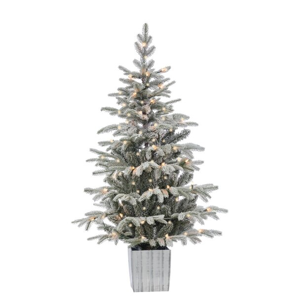 Flocked Potted Prelit 4.5' Green/White Fir Artificial Christmas Tree.