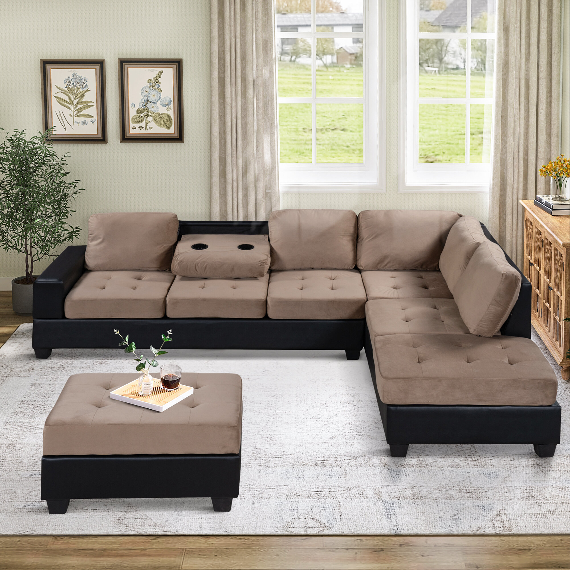 Convertible Couch with Storage Ottoman Sectional Sofa Set Modern Sofa for Living Room 5-Seat Sofa with Ottoman Brown