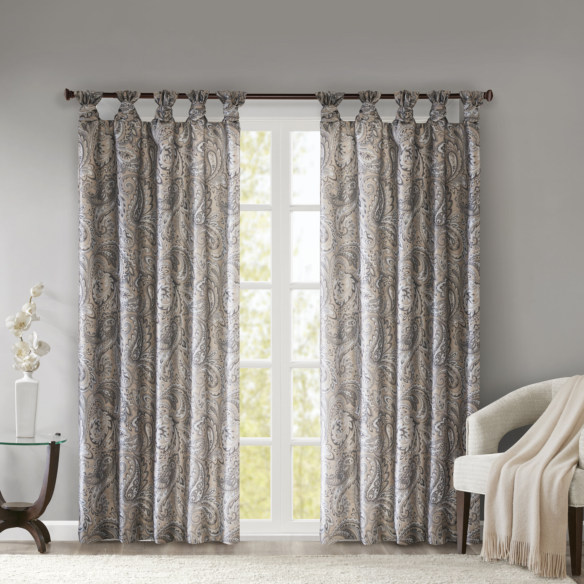 Luxury Soft Taupe /& Grey Paisley BLACKOUT Window Panel Room Darkening