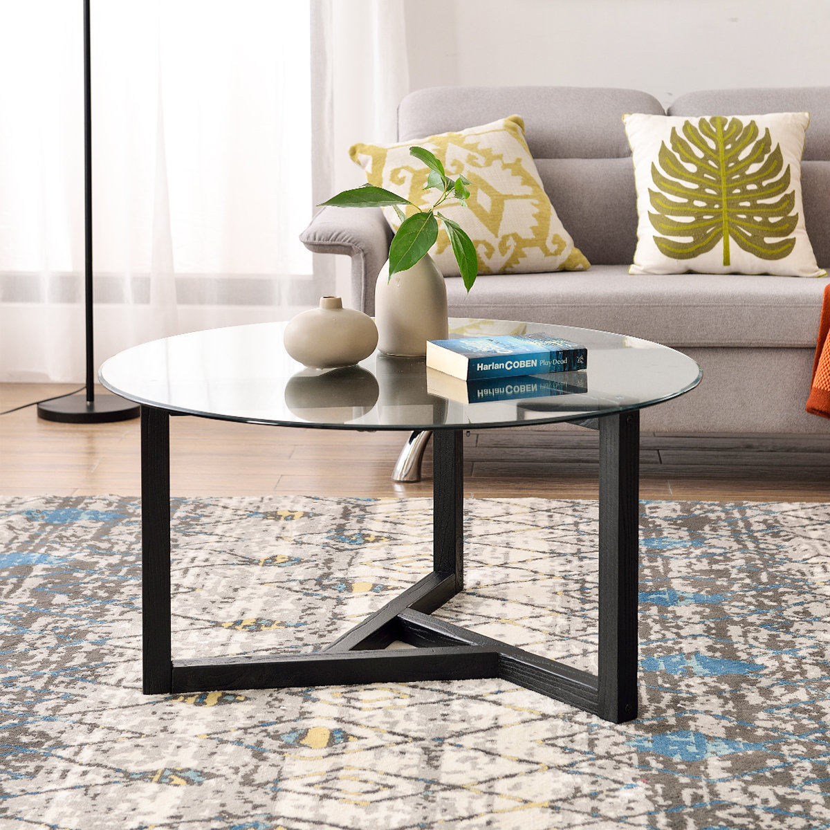 Latitude Run Round Glass Coffee Table Modern Cocktail Table Easy Assembly Sofa Table For Living Room With Tempered Glass Top Sturdy Wood Base Wayfair Ca