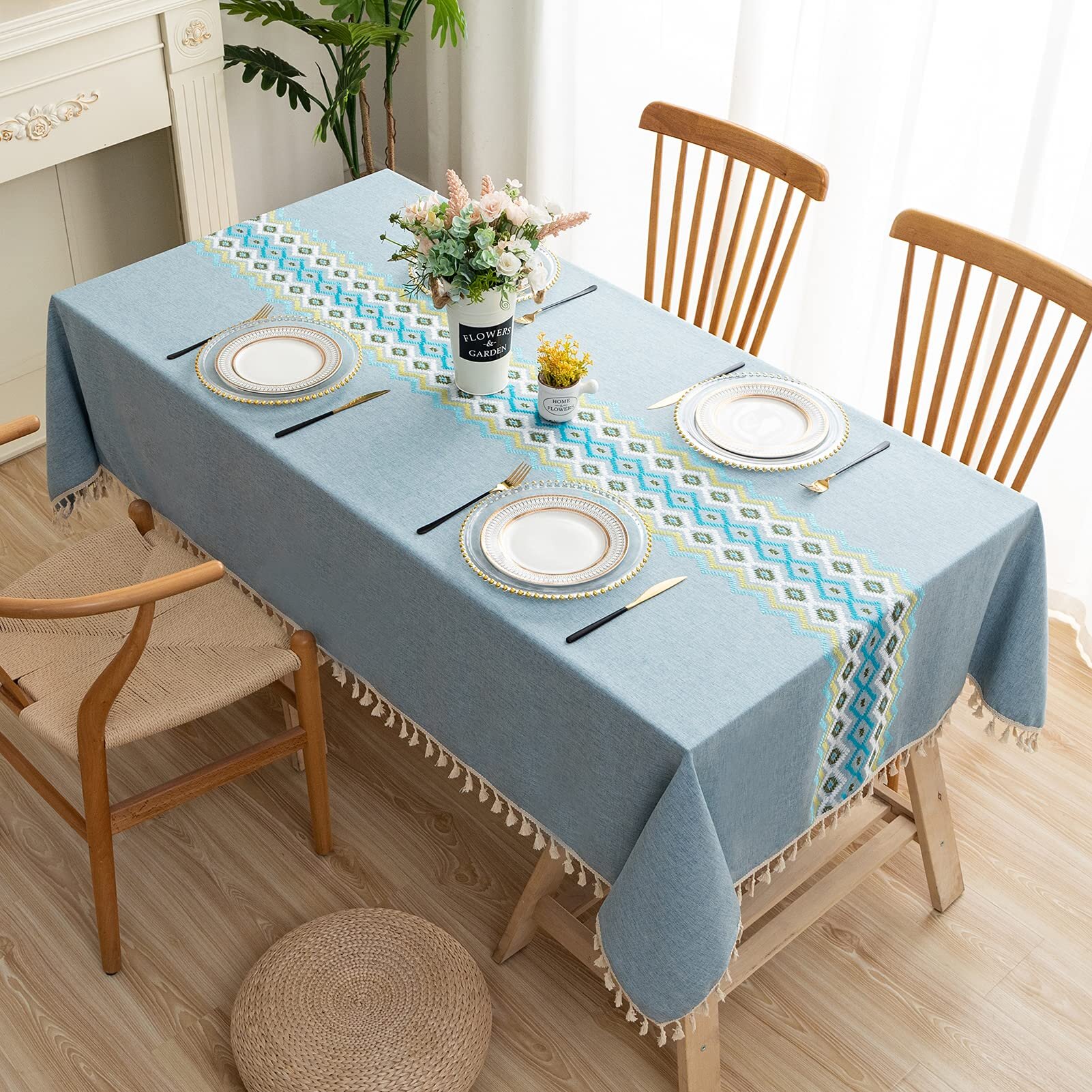 Waterproof Rectangle Tablecloth Embroidery-Linen Table Cloth Rustic Fabric 