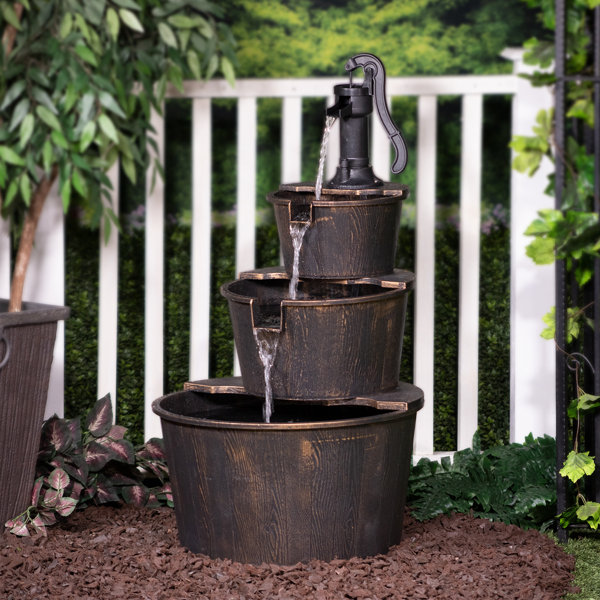 Barrel Water Fountain Wooden Outdoor with Pump Garden Yard Display 2 Tier Decor 