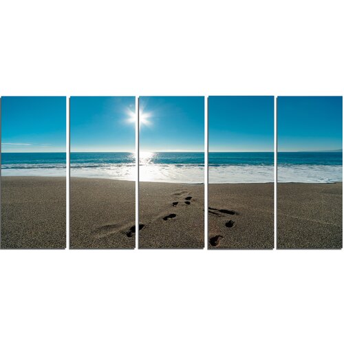 Designart Blue Sea And Footprints In Sand 5 Piece Wall Art On Wrapped Canvas Set Wayfair