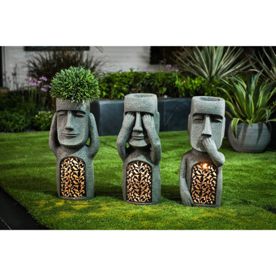 Rue See, Hear, Speak No Evil Easter Island 3 Piece Garden Solar Statues Set