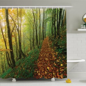 National Parks Home Surreal Foggy Deep in Forest Eco Path Full of Leaves Landscape Shower Curtain Set