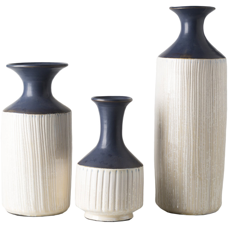 World Menagerie Navy Blue White Ceramic 3 Piece Table Vase Set