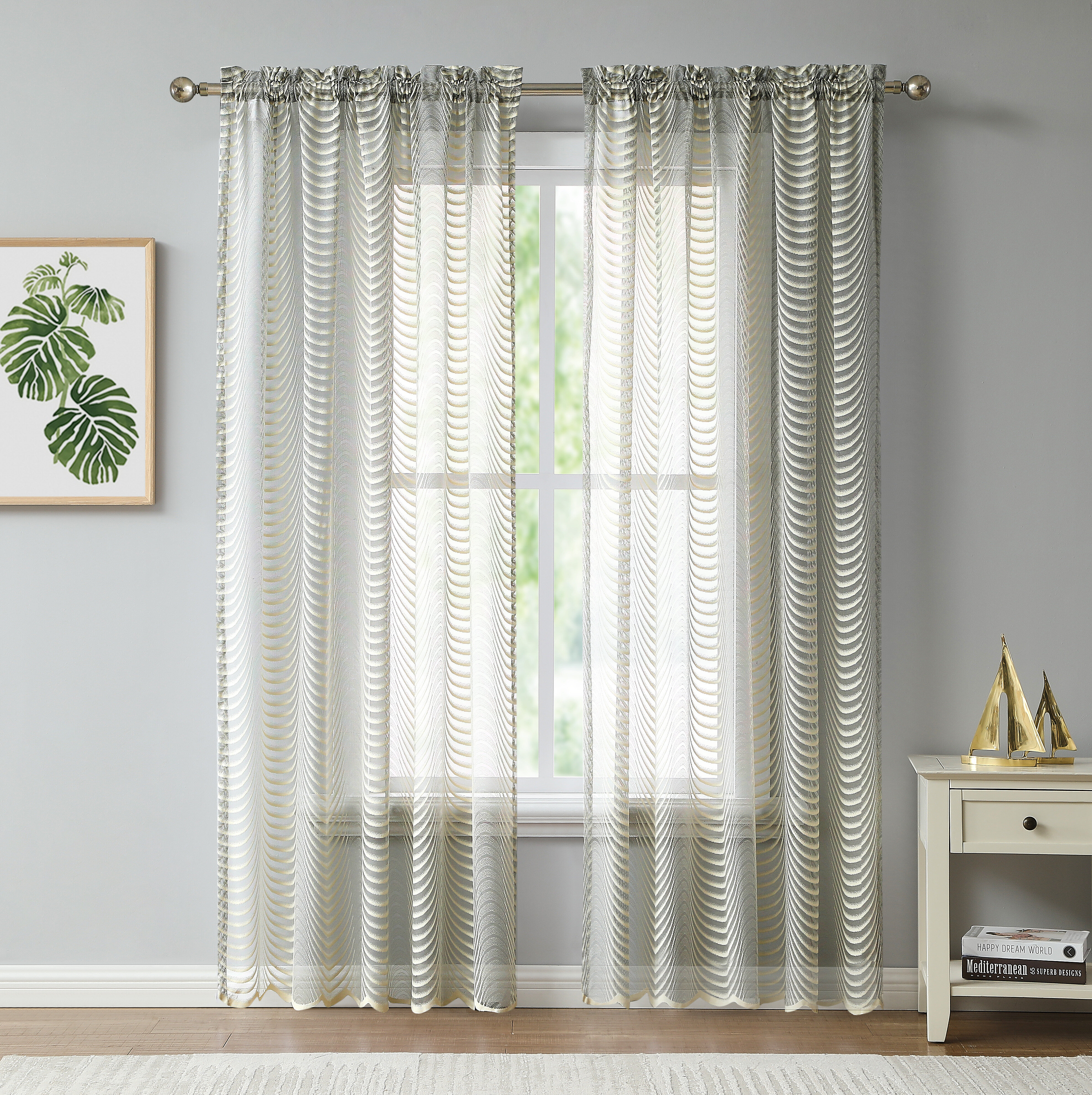 Pleated Wave Design Voile Sheer Panel Window Shade Blinds Rod Pocket Curtain 