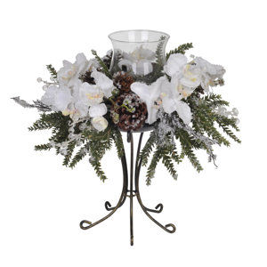 Artificial Iced Phalaenopsis Orchid / Pine Single Candle Holder