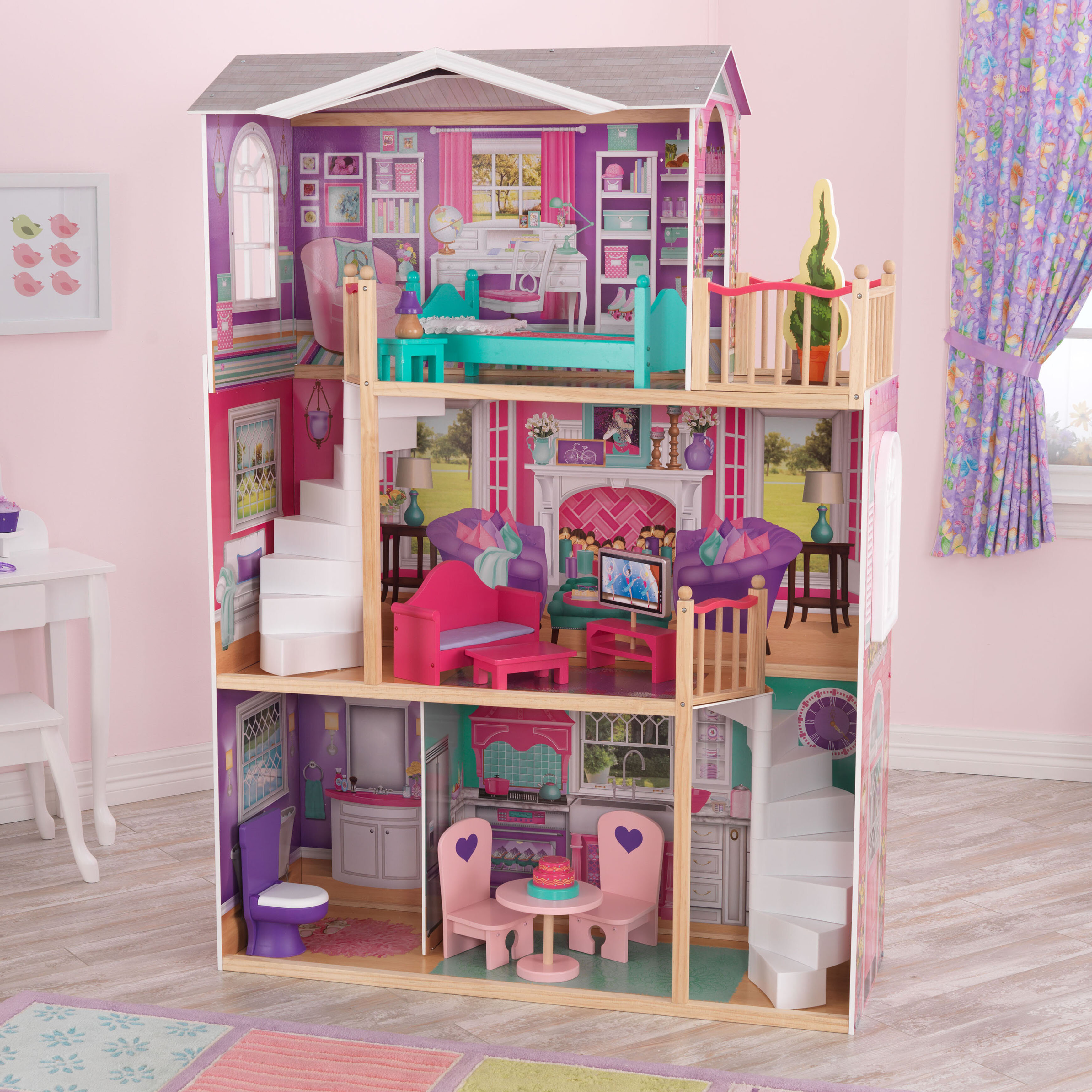 Multi-Platform Children's Wooden Dollhouse with Patio and Furniture Pink 