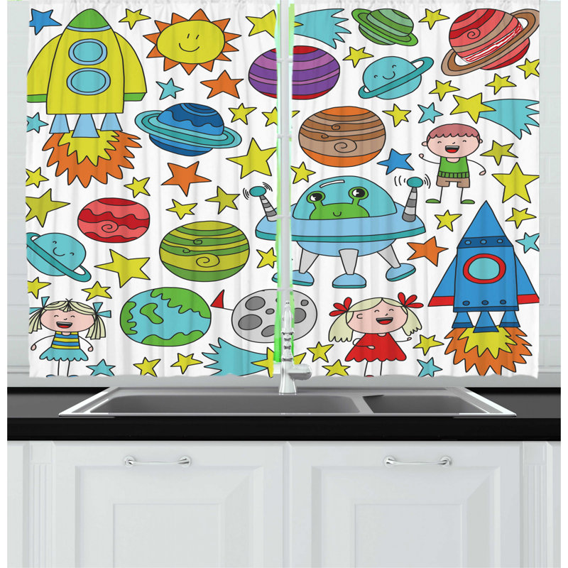 East Urban Home 2 Piece Doodle Childish Outer Space Themed Colorful Pattern With Planets Rockers Stars And Aliens Kitchen Curtain Set Wayfair