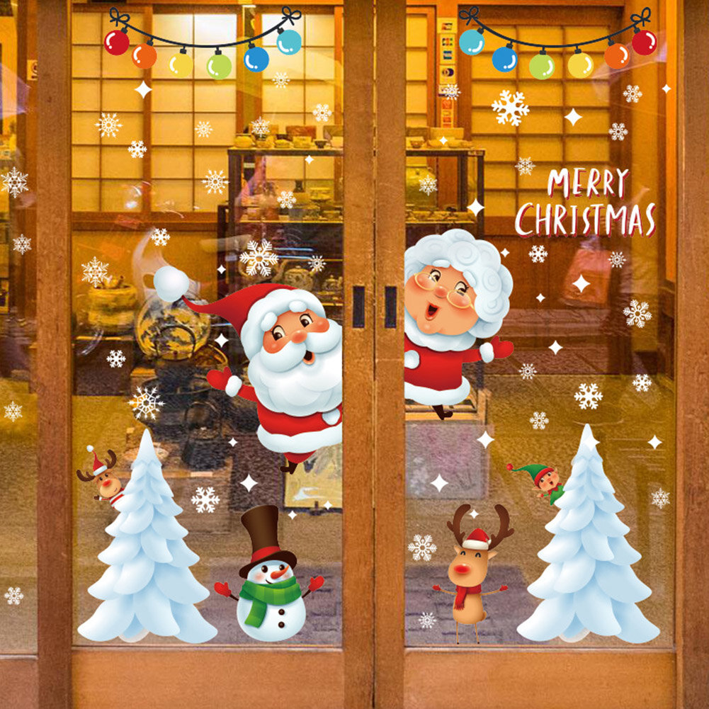 Haundry Christmas Decorations Snowflake Window Stickers No-Adhesive Xmas Cling Decals Cute Santa Claus Reindeer Peeking Stickers DIY Party Supplies Open Door Xmas Ornaments 