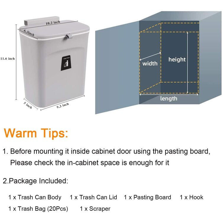 2.4 Gallon Kitchen Compost Bin for Counter Top or Under Sink Gray Hanging Small Trash Can with Lid for Cupboard/Bathroom/Bedroom/Office/Camping Mountable Indoor Compost Bucket 