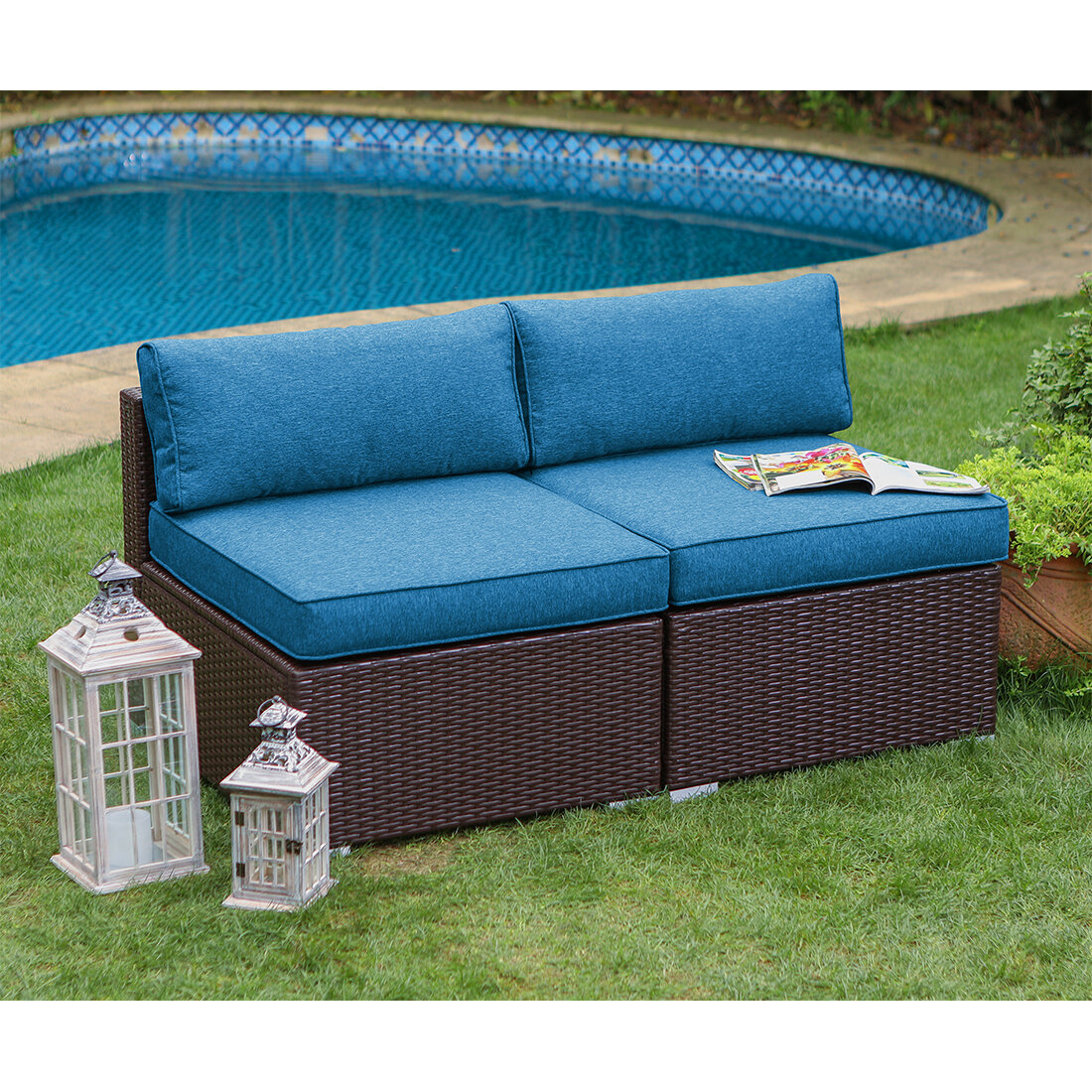 Black Steel Frame All Weather Wicker Sectional Sofa Chair with Blue Removable Cushions JOYFEEL Outdoor Loveaseat 2 Corner Sofa Chairs