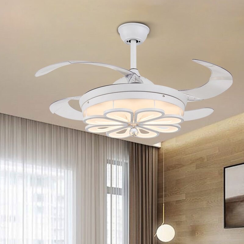 42" Fan Chandelier Retractable Fan Blades Invisible Fan Light w/ Remote Control