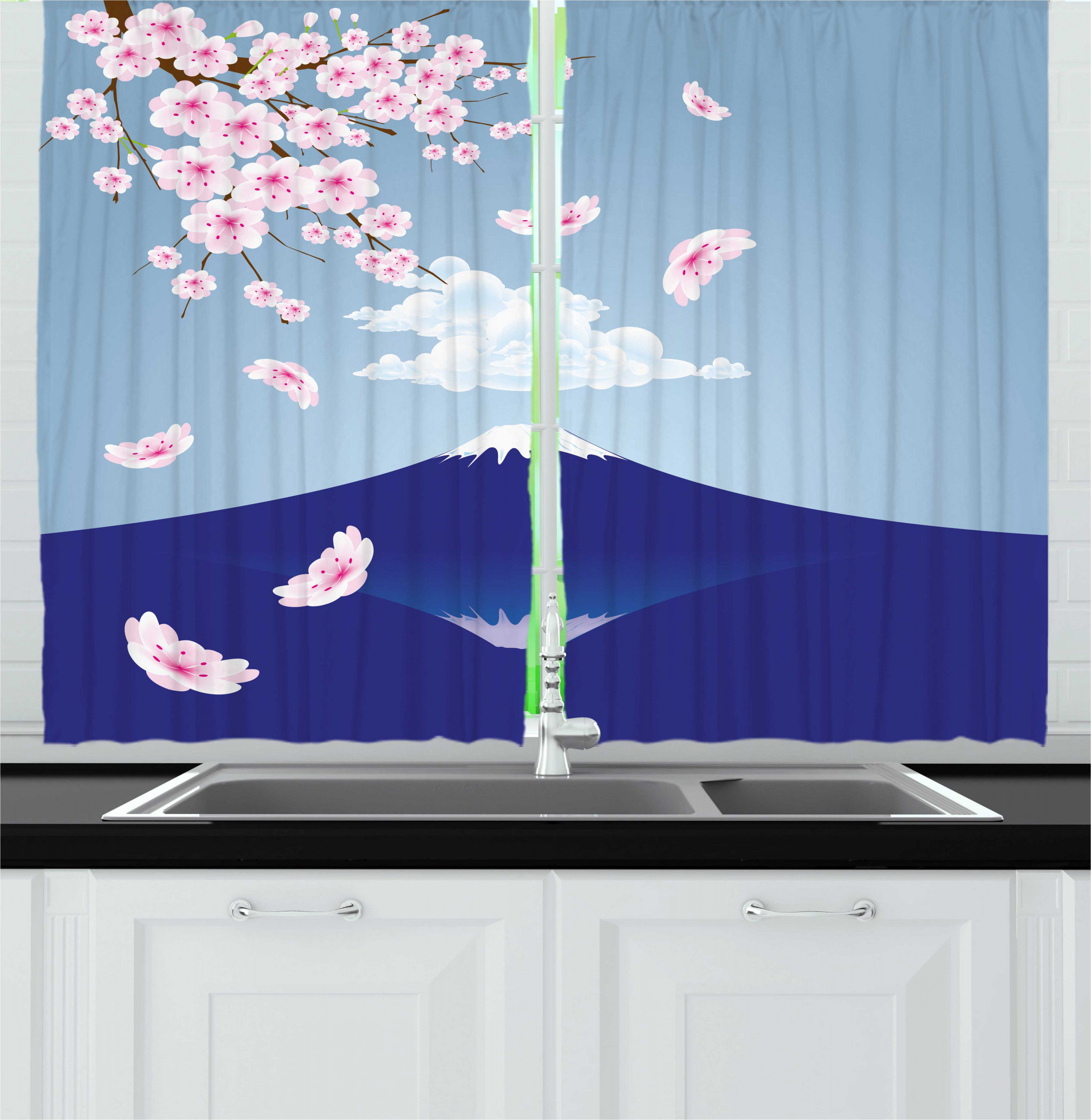 East Urban Home 2 Piece Mountain Scene Of Snow Capped Mountain With Cherry Blossoms Kitchen Curtain Set Wayfair