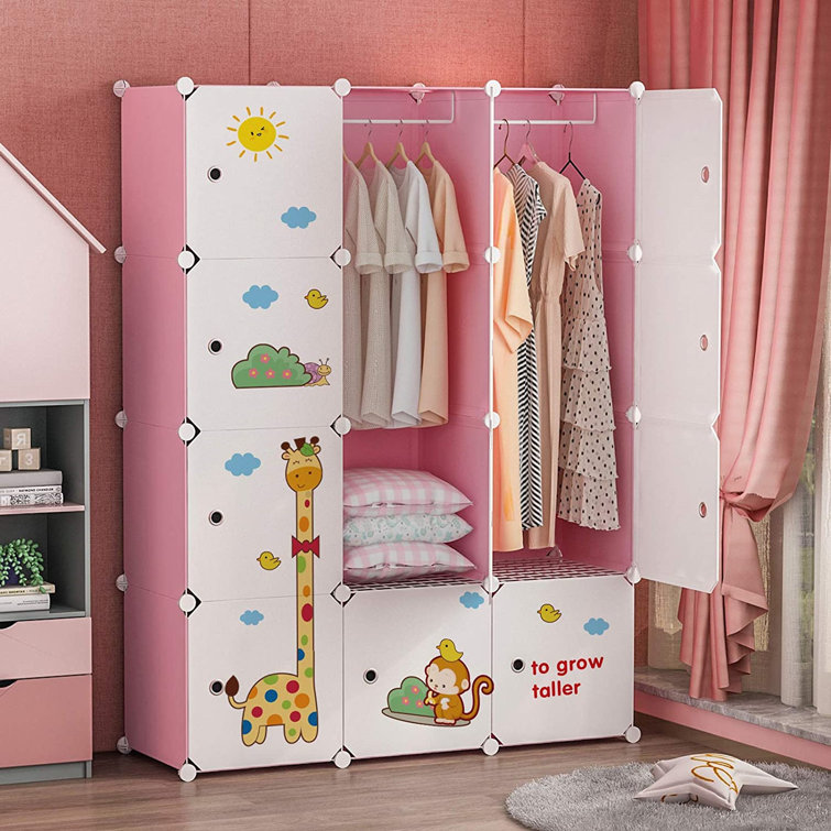 Rebrilliant Kids Wardrobe Baby Dresser Children Bedroom Armoire Clothes Hanging Closet With Animal Stickers Wayfair