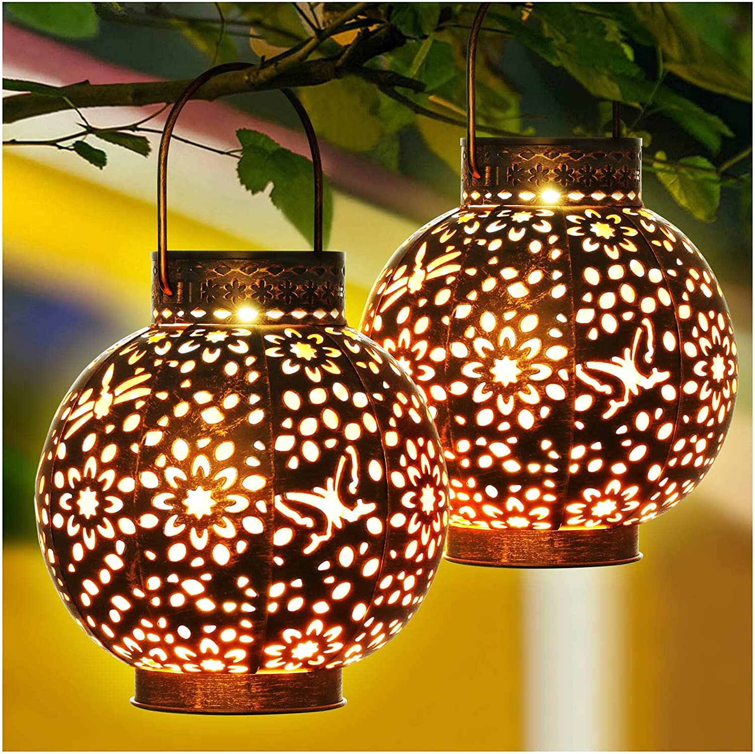 Lomelomme 3pcs Solar Power Chinese Lanterns Round Ball Shape Waterproof Outdoor LED Lantern Foldable Hanging Lantern Decorative for Home Garden Patio 
