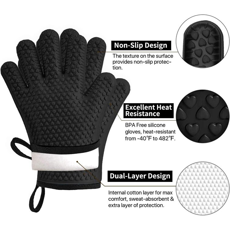 Cooking Grill Gloves Silicone Kitchen Gloves Microwave Oven Gloves Kitchen Heat Resistant Long Mitt Silicone Flexible Double Layers Quilted Liner BBQ Baking Grilling Glove Red