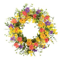 Bright Pink and Orange Florals on a Moss 12 inch Wreath
