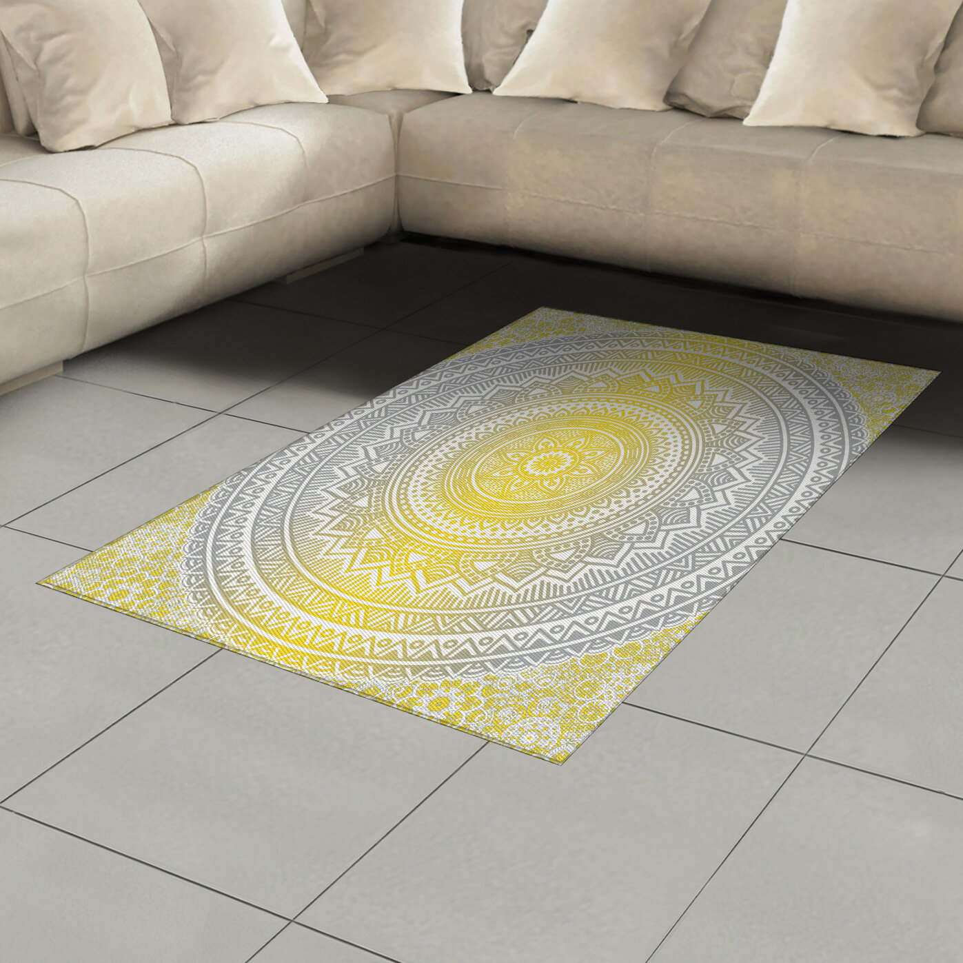 Ambesonne Grey And Yellow Area Rug Soft Pastel Colour Ombre Mandala Circular Art Medallion Print Flat Woven Accent Rug For Living Room Bedroom