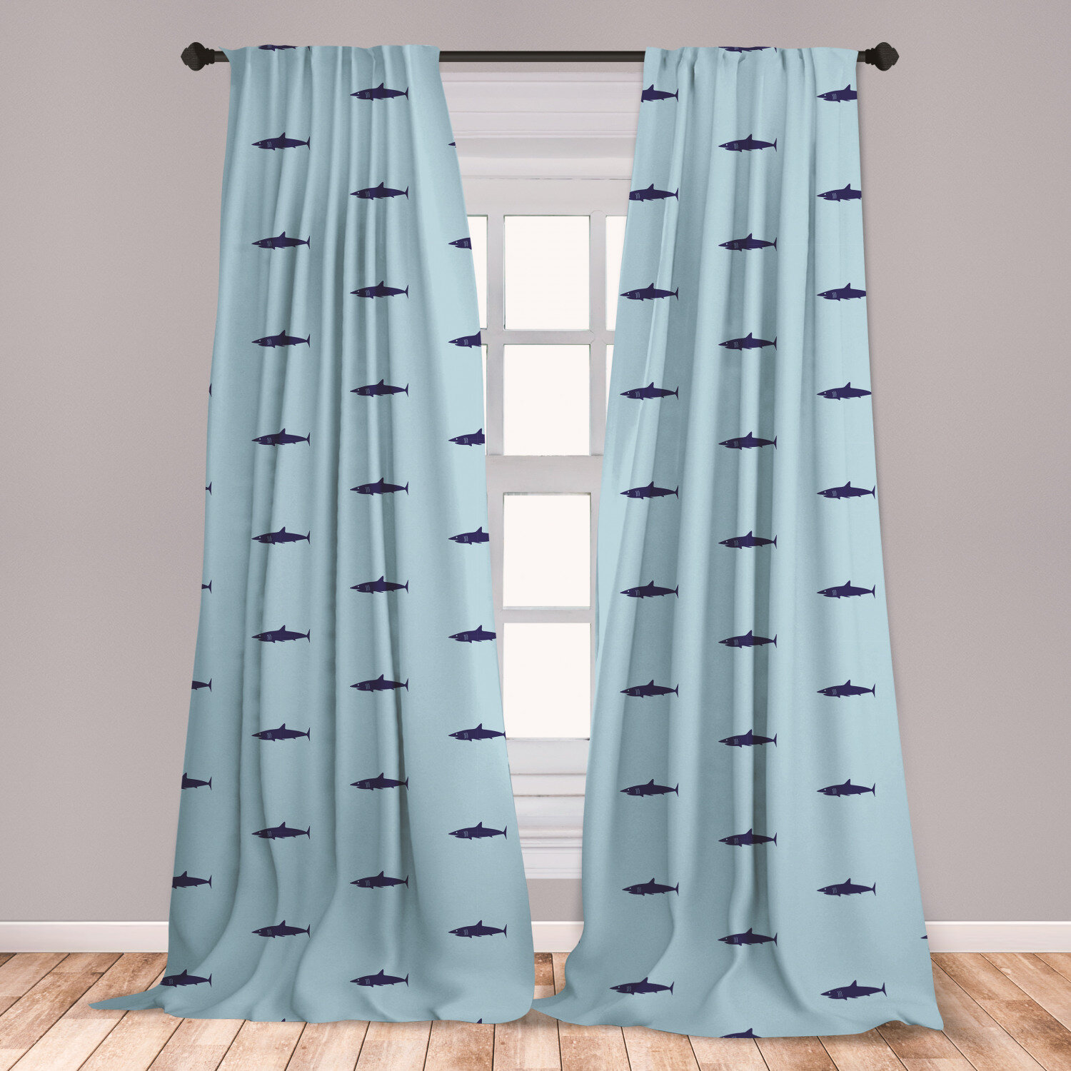 Ambesonne Shark Curtains Ocean Life Pattern In Blue Shades Wildlife Under The Sea Saltwater Fauna Window Treatments 2 Panel Set For Living Room