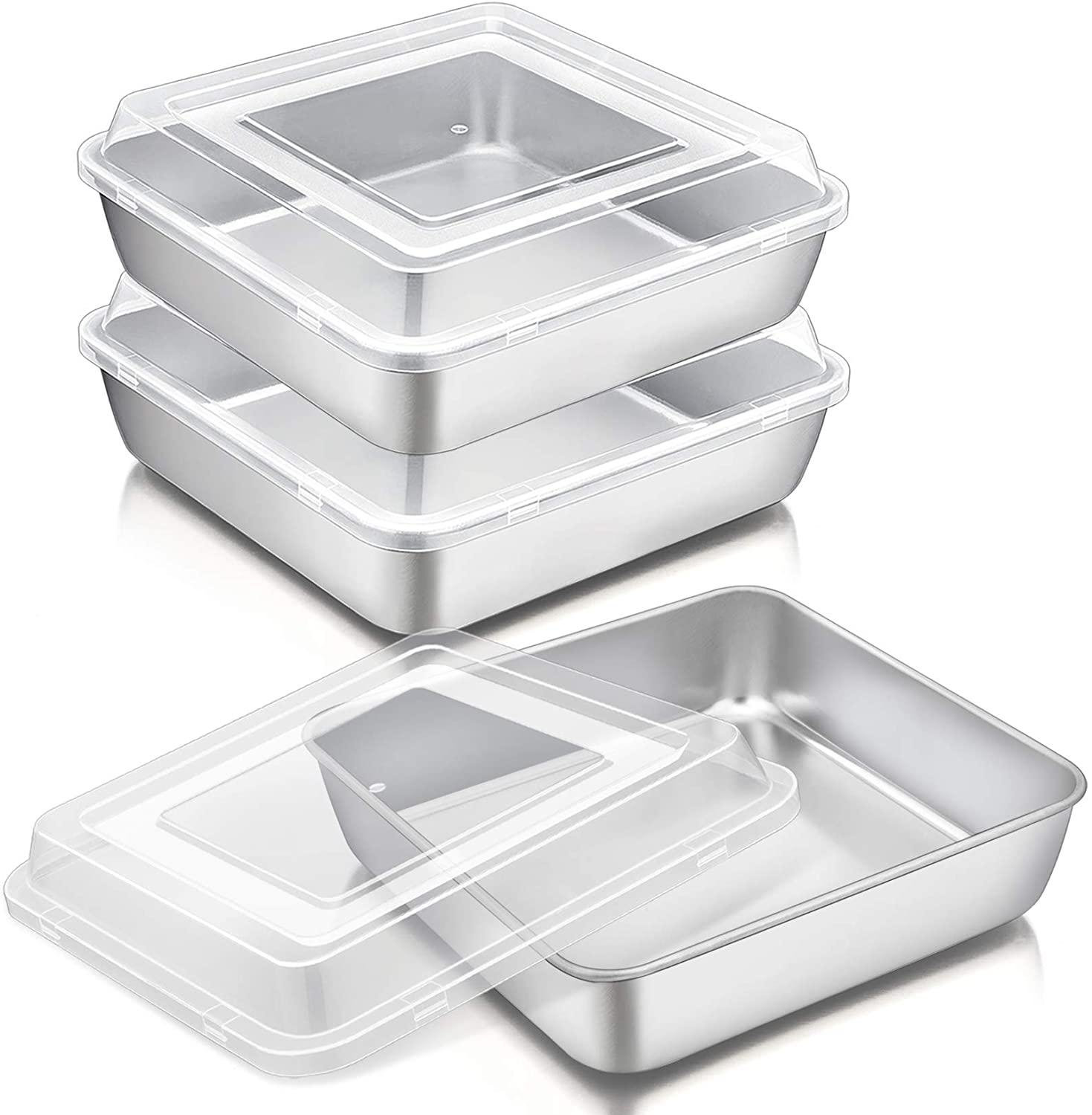 Wisdomfurnitureco Moule A Gateau Carre Avec Couvercle Nos Plaques De Cuisson Carrees En Acier Inoxydable De 8 Pouces Pour Un Lasagne Brownie Non Toxique Et Sain Moule Etanche Et Couvercle En Plastique