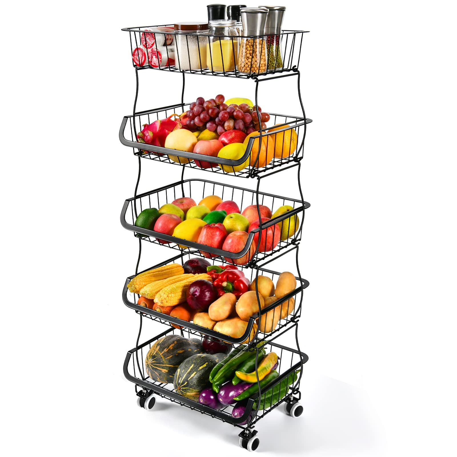 Kitchen Vegetable Storage Basket Metal Wire Fruit Rack Trolley with Wheel 2 Tier 