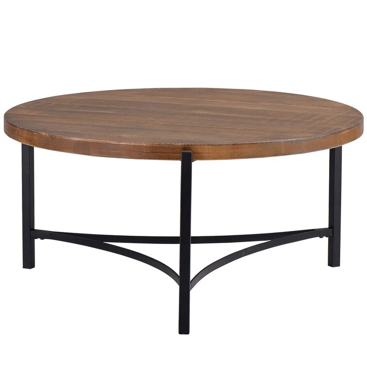 Black Easy Assembly Round Coffee Table Rustic Vintage Industrial Design Furniture Sturdy Metal Frame Legs Sofa Table Cocktail Table with Storage Open Shelf for Living Room 