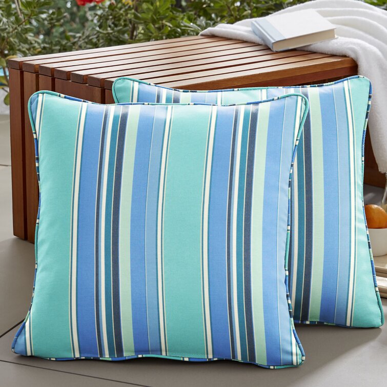 navy and white fabric finish with piping. Indoor outdoor decorative pillow cover in Sunbrella striped blue