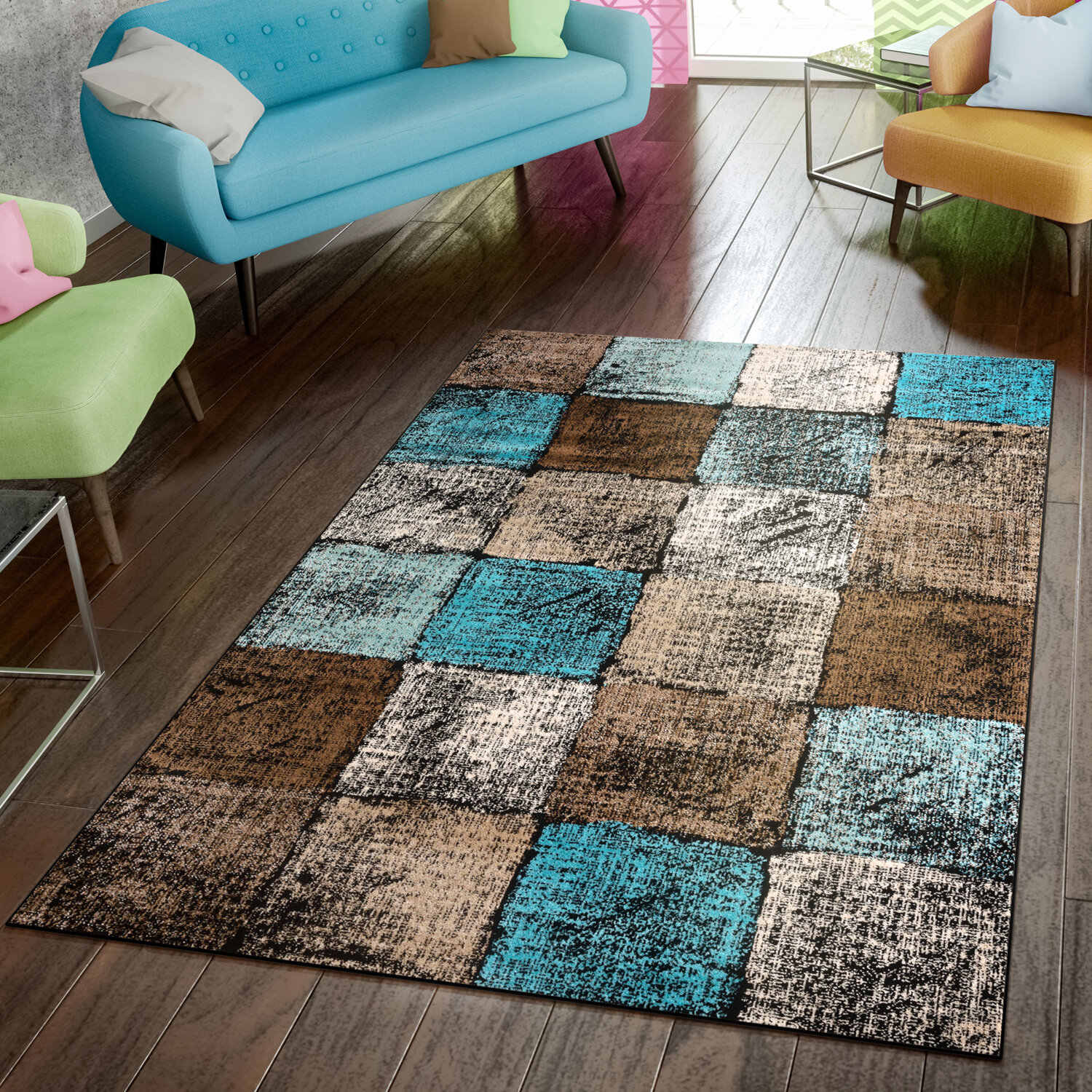BlessLiving Abstract Area Rug Soft 3D Green Turquoise Teal and Yellow Floor Mat Modern Wave Reversible Large Carpet for Bedroom Kitchen Living Room 4' x 6' 
