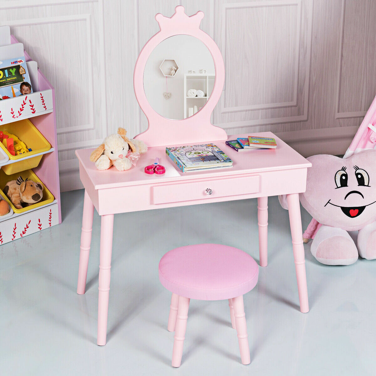 Pink Little Girls Fantasy Vanity Set MakeUp Table With Chair Mirror For Girls 