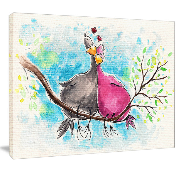 Designart Two Birds In Love On Branch Painting Print On Wrapped
