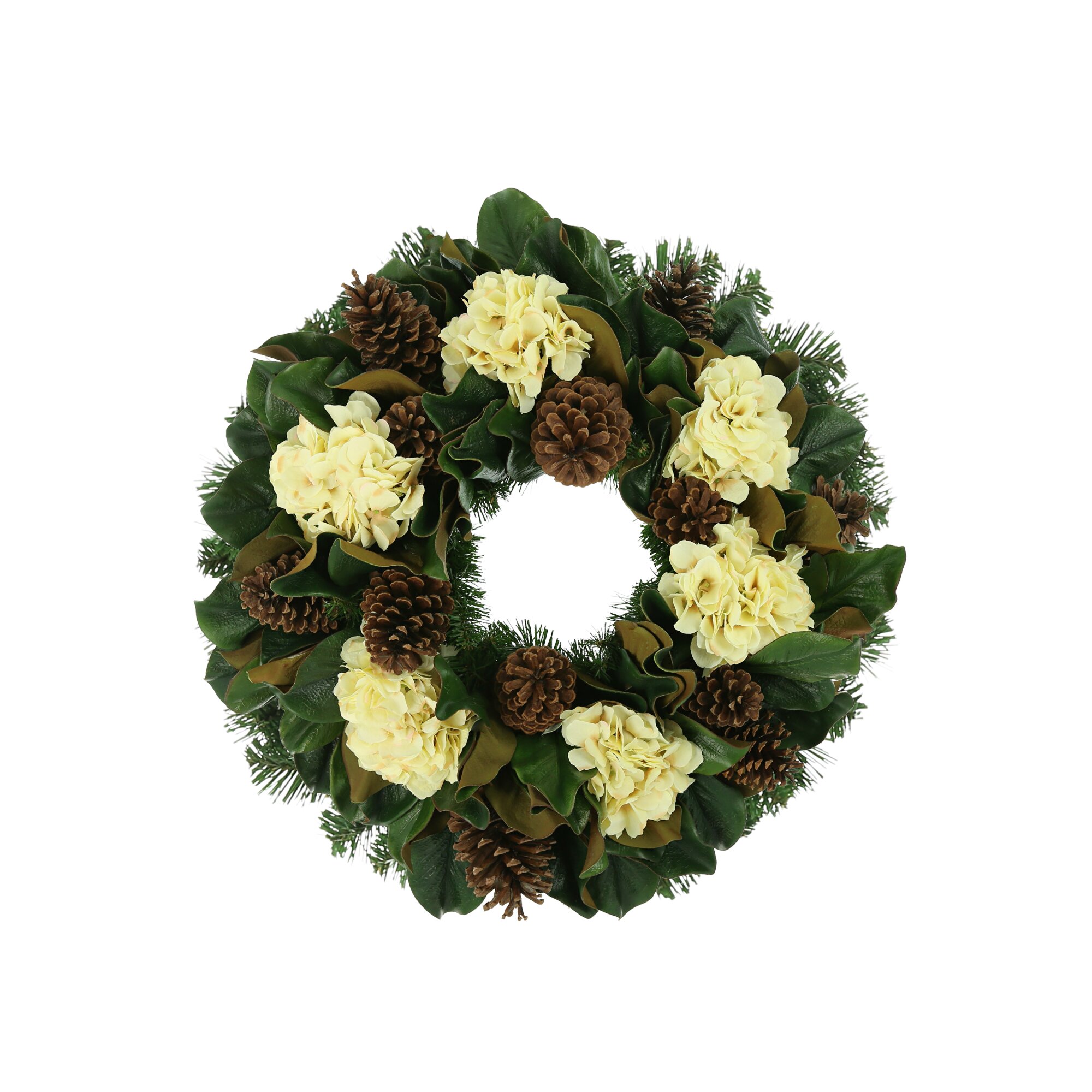 The Holiday Aisle® Magnolia leaves, Hydrangea and Pinecone Evergreen Wreath  | Wayfair