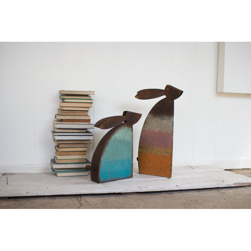 August Grove Jambi Rustic Metal Rabbit 2 Piece Statue Set Wayfair