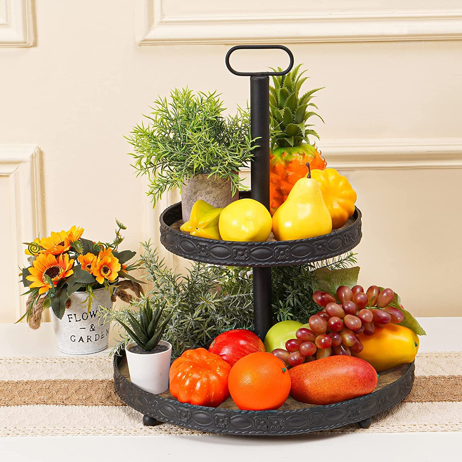 Natural Mango Wood w/Metal Frame & Large Handle 2-Tier Round Serving Tray Stand 