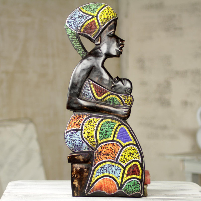 World Menagerie Mother and Child Hand Beaded African Sculpture of