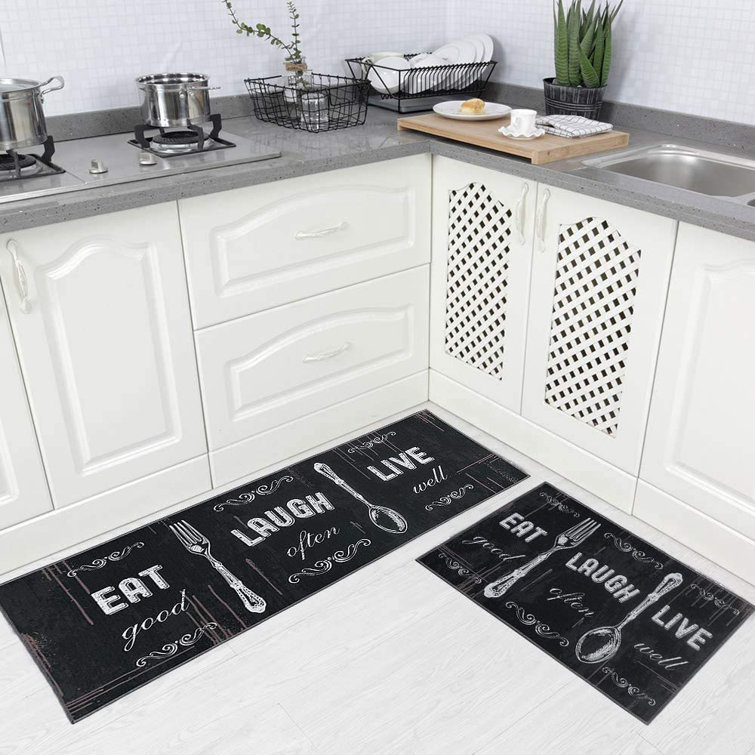 Trinx 2 Piece Kitchen Rug Set Non Slip Backing Mat Throw Rug For Kitchen Doormat Runner Rug Set Motto Design Black Wayfair